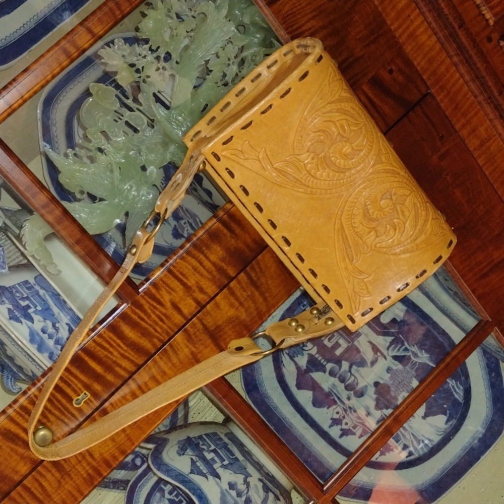 Vintage Hand Tooled Genuine Leather Shoulder Bag with Brass Rivets and Hardware